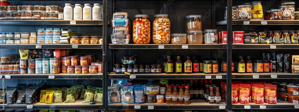 Fototapeta premium Grocery store shelf with various food products in glass jars and packages