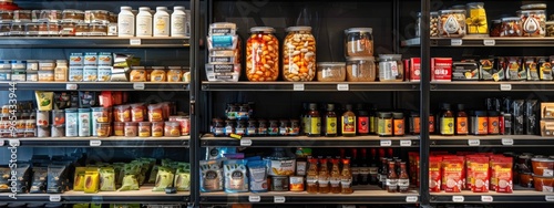 Grocery store shelf with various food products in glass jars and packages photo