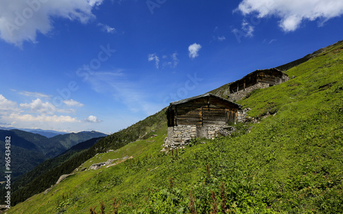 Image of the Kaçkar mountain range and mountain house in Rize province. photo