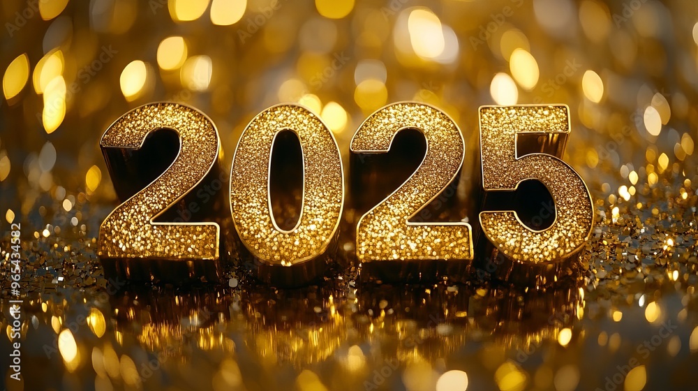 Celebrating the arrival of 2025 with golden decorations and sparkling lights Celebrating the arrival of 2025 with golden decorations and sparkling lights