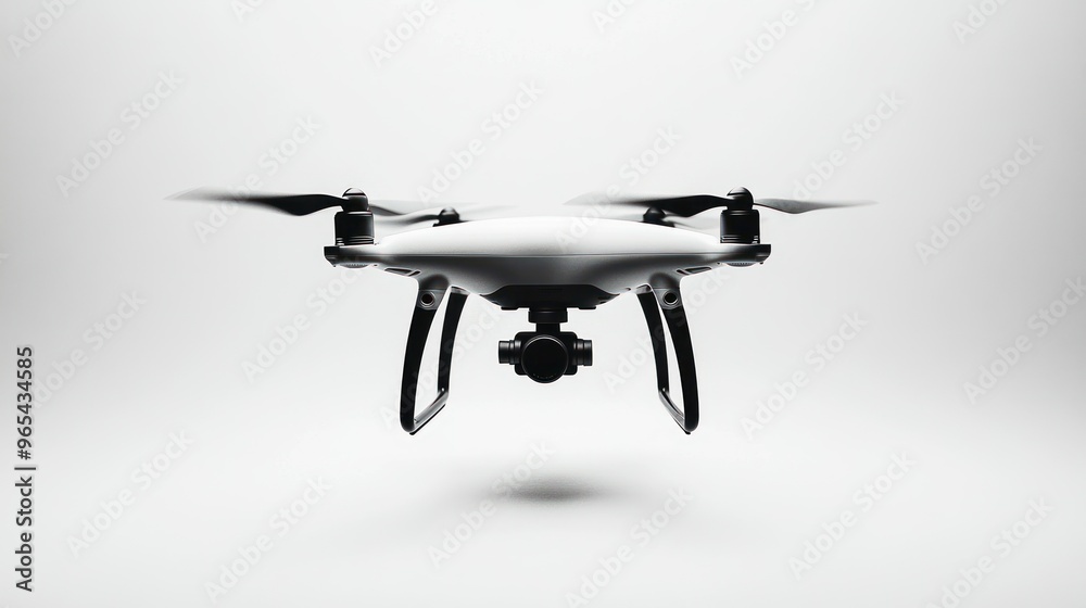 A white drone with black propellers and a camera hovering in mid-air A white drone with black propellers and a camera hovering in mid-air