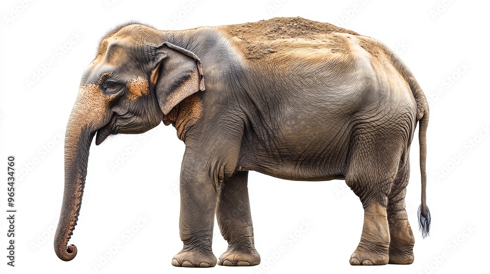 An adult elephant standing side view on a white background in a natural pose