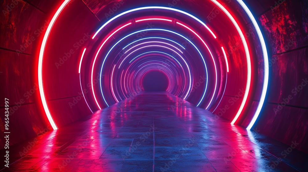 Neon-lit tunnel with circular lights in vibrant red and blue at night Neon-lit tunnel with circular lights in vibrant red and blue at night