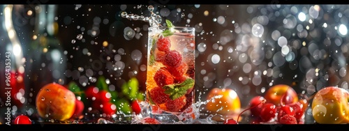 Close-up of refreshing strawberry drink with mint and ice splashing in glass photo