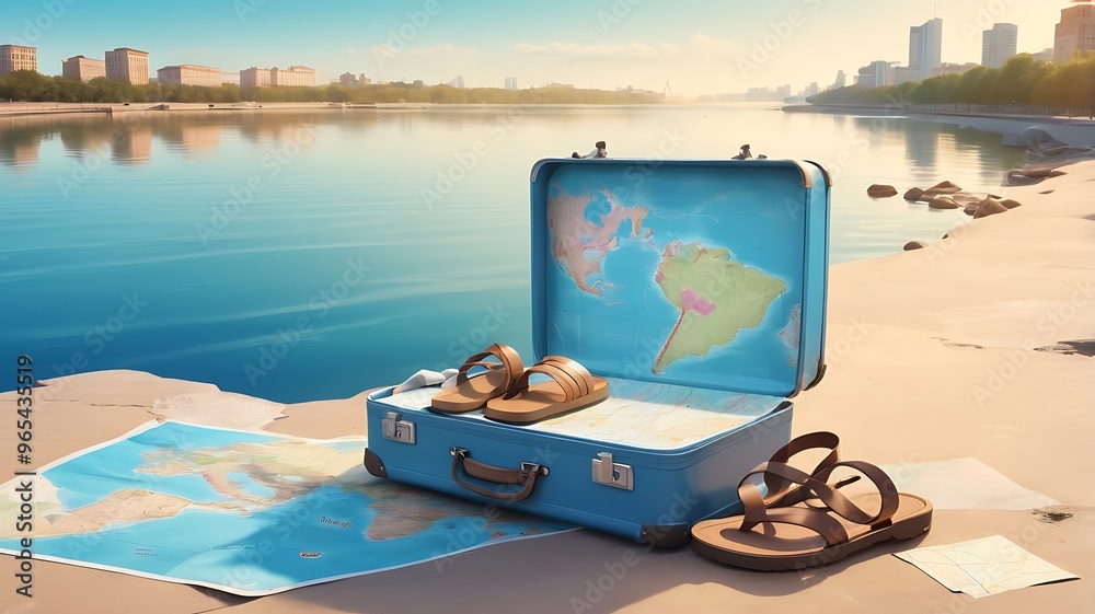 Obraz premium A brightly colored suitcase with travel stickers on a sandy beach, surrounded by seashells and beach toys