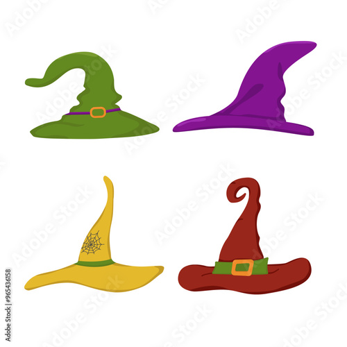 Vector set of witch hats in different colors. Halloween concept.