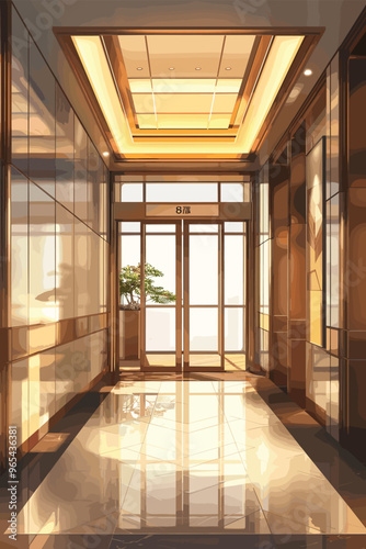 Modern Office Building Interior with Open Elevator and Furnished Hallway