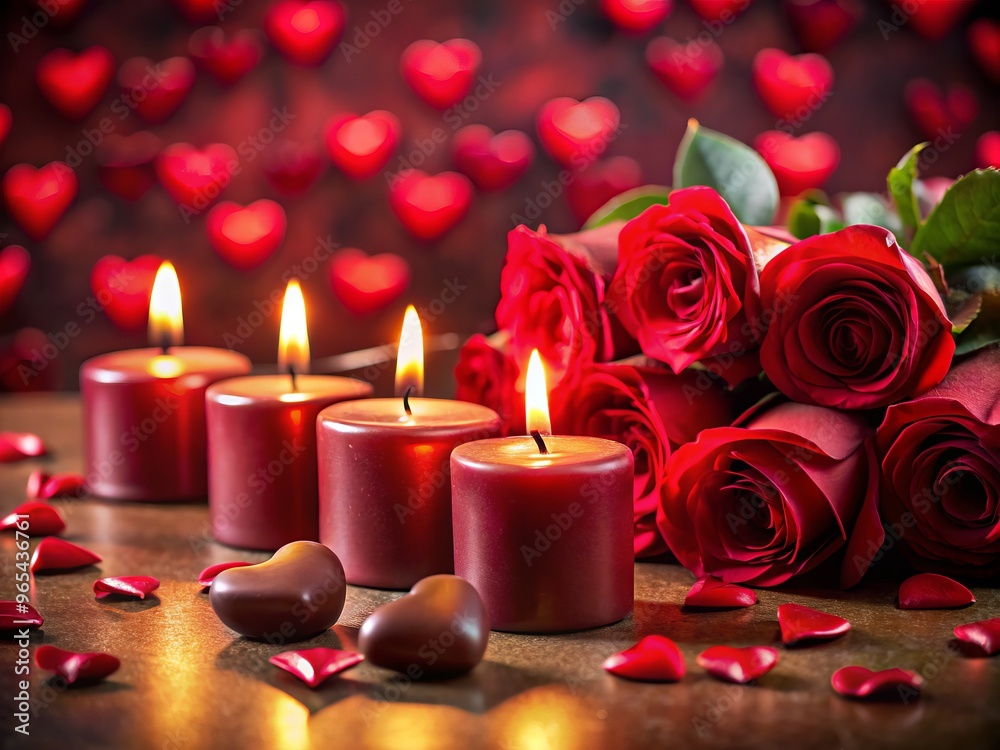 Softly glowing candles on a velvety red background amidst scattered heart-shaped chocolates and crimson roses, perfect for a romantic Valentine's Day night. Softly glowing candles on a velvety red background amidst scattered heart-shaped chocolates and crimson roses, perfect for a romantic Valentine's Day night.