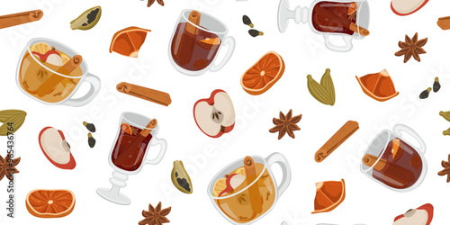 Vector seamless pattern with winter drinks. Image of mulled wine, warming tea and winter cocktail. Illustration for wallpaper and packaging for New Year and Christmas.