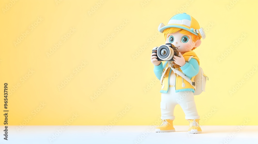 Cute Cartoon Boy Photographer Yellow Background Cute Cartoon Boy Photographer Yellow Background