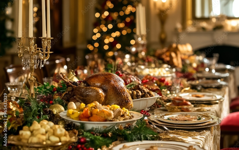 A lavish holiday dining table adorned with a variety of festive dishes, including turkey and seasonal decorations. A lavish holiday dining table adorned with a variety of festive dishes, including turkey and seasonal decorations.
