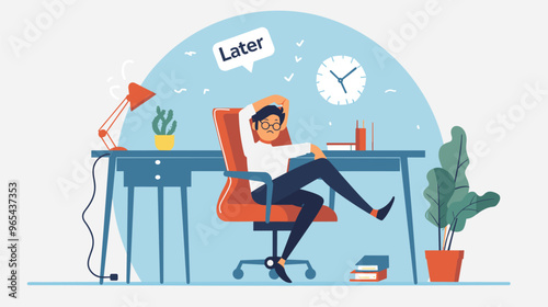 Procrastinating worker postponing tasks, sleeping on couch with "Later" sticky note on alarm clock, lazy and unproductive in office