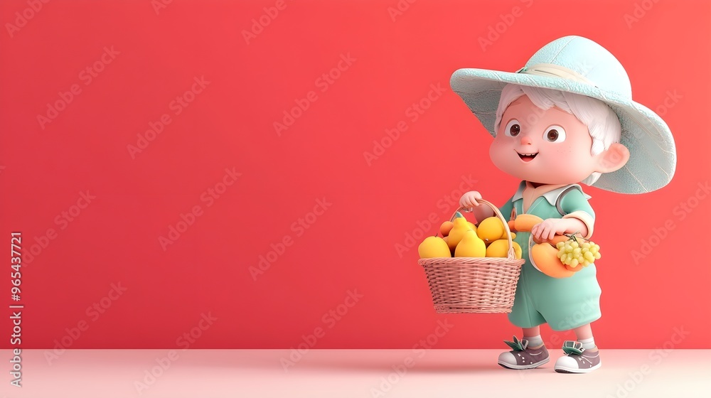 Naklejka premium Cute Cartoon Boy with Fruits and Red Background