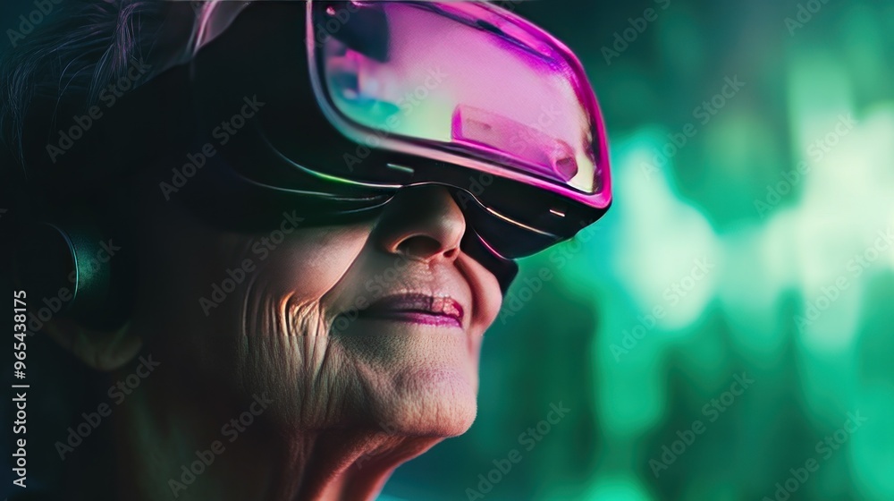 Close-up of a smiling senior woman wearing a VR headset, exploring virtual reality. Close-up of a smiling senior woman wearing a VR headset, exploring virtual reality.