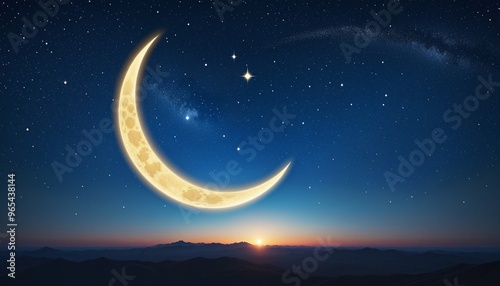 Eid al Adha Mubarak card,Crescent Moon on Blue Twilight Sky - Magical Illustration