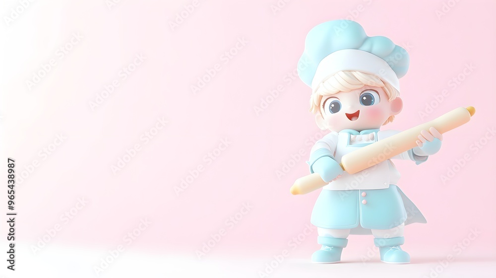 Cute Cartoon Chef with Rolling Pin, Pink Background Cute Cartoon Chef with Rolling Pin, Pink Background