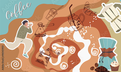 Collage coffee lovers, people characters, coffee supplies, background, template, web design, Inspiration, idea, trendy style. Background, template, banner. Hand drawn vector illustration.
