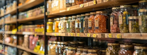 Jars of spices and grains displayed on grocery store shelves