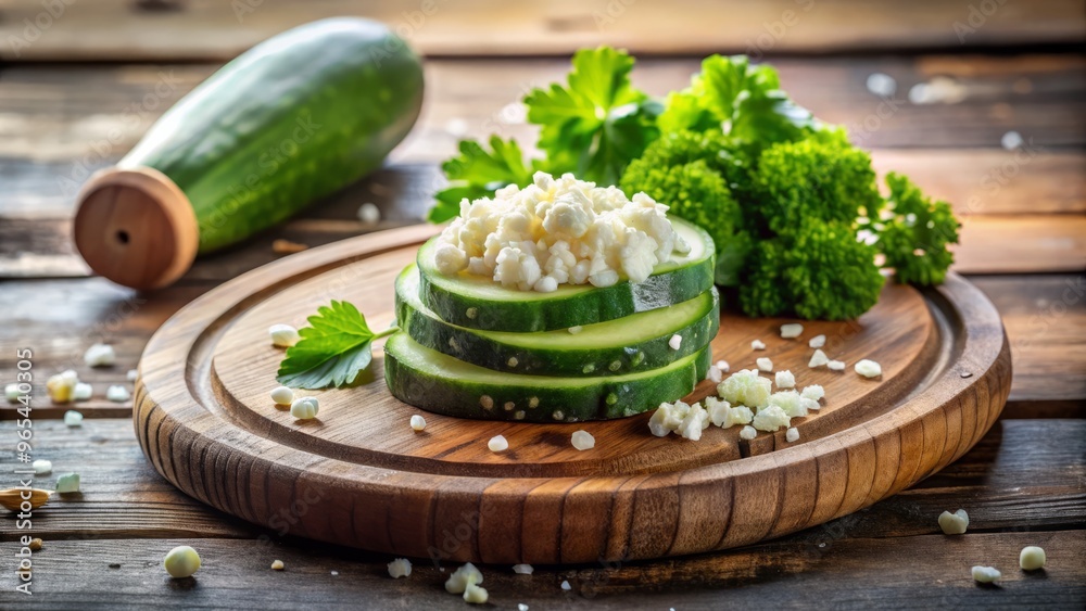 Round cucumber on a wooden cutting board with fresh parsley and crumbled feta cheese, morning sunlight casting a warm glow on the elegant presentation. Round cucumber on a wooden cutting board with fresh parsley and crumbled feta cheese, morning sunlight casting a warm glow on the elegant presentation.