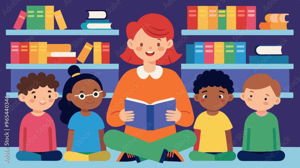 Librarian Reading to Kids in a Colorful Library Setting - Story Time Illustration Librarian Reading to Kids in a Colorful Library Setting - Story Time Illustration