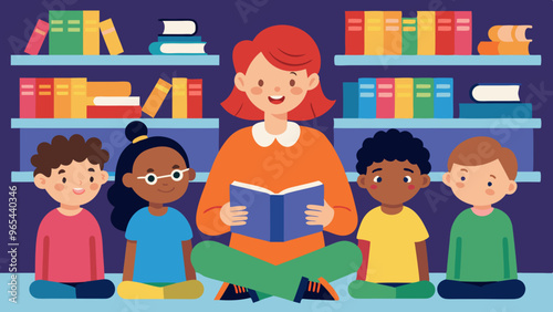 Librarian Reading to Kids in a Colorful Library Setting - Story Time Illustration