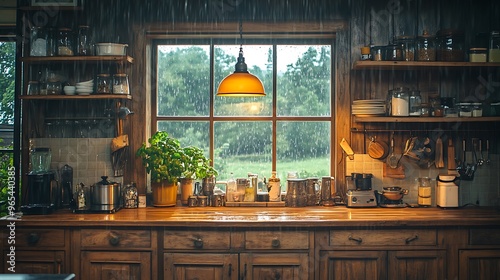 A cozy kitchen with vintage wooden cabinets, rain tapping softly on the window. Warm light from a hanging lamp casts soft reflections on the old wooden surfaces, creating a peaceful atmosphere, photo