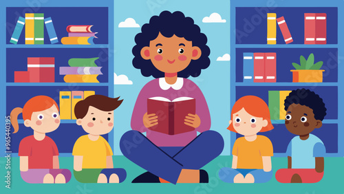 Librarian Reading to Kids in a Colorful Library Setting - Story Time Illustration