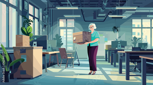 Staff Reduction Concept with Empty Workplace and Dismissed Old Woman Holding Box