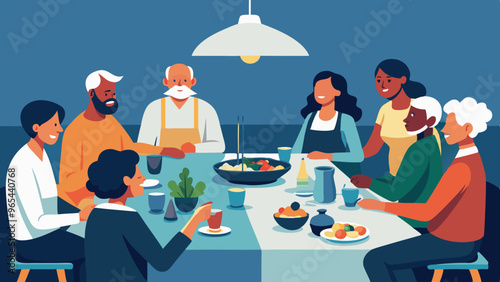 Family Gathering Meal, Intergenerational Connection, Joyful Family Reunion Vector Illustration