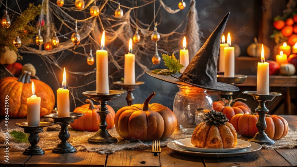 Spooky decorative table setting with festive candles, cobweb-covered ...