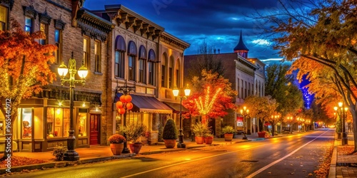 Spooky decorations illuminate downtown Nampa, Idaho streets on a crisp autumn evening, casting an eerie glow on historic buildings and deserted sidewalks during Halloween season.