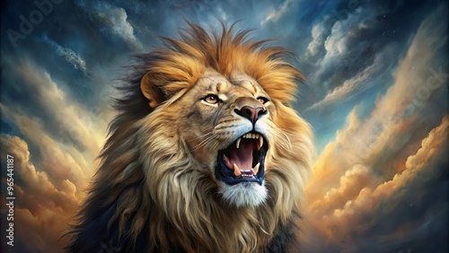 A fierce lion roaring with its mouth wide open in a captivating painting photo