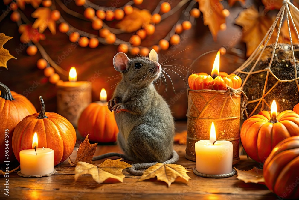 Spooky Halloween decoration featuring a creepy rat figurine surrounded by cobwebs, pumpkins, and candles on a dimly lit, eerie orange-colored background.