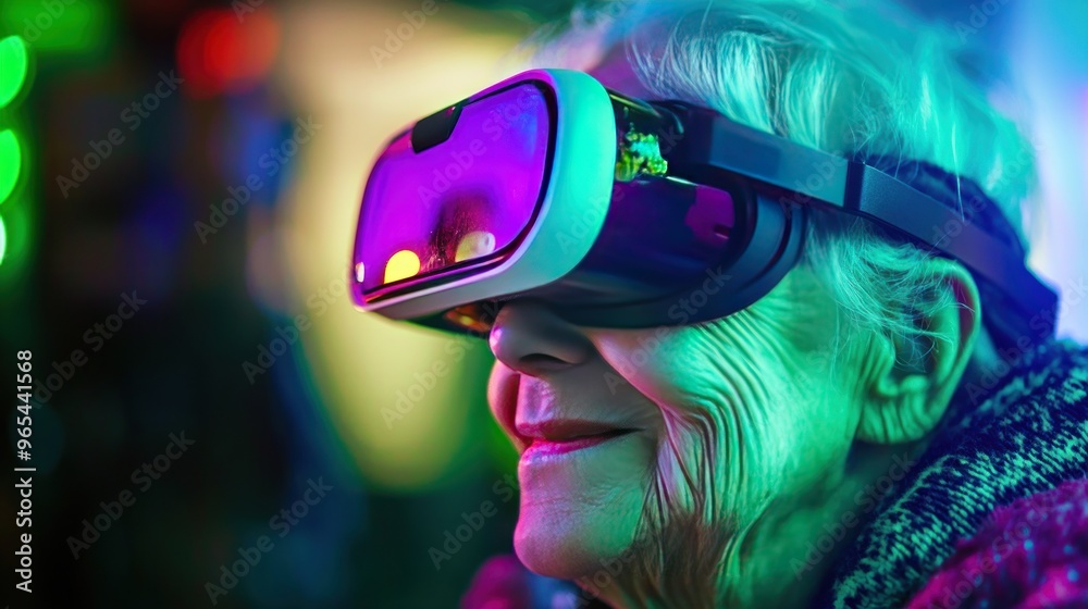An elderly woman is wearing a VR headset and looking to the side with a smile on her face.  She's surrounded by colorful lights that are reflecting in the VR headset.