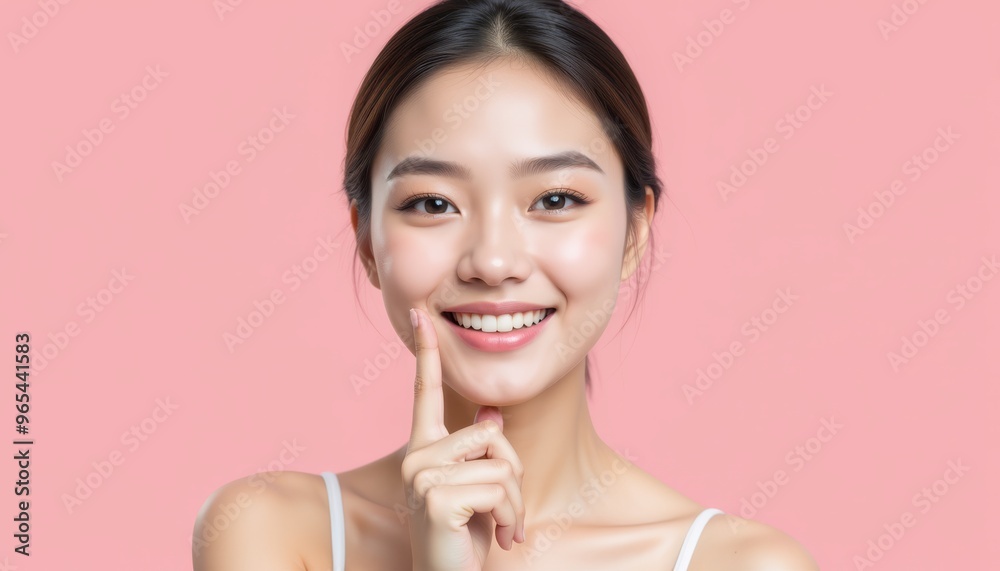 A joyful young woman smiling with a finger on her chin, capturing confidence and beauty against a pink background. A joyful young woman smiling with a finger on her chin, capturing confidence and beauty against a pink background.