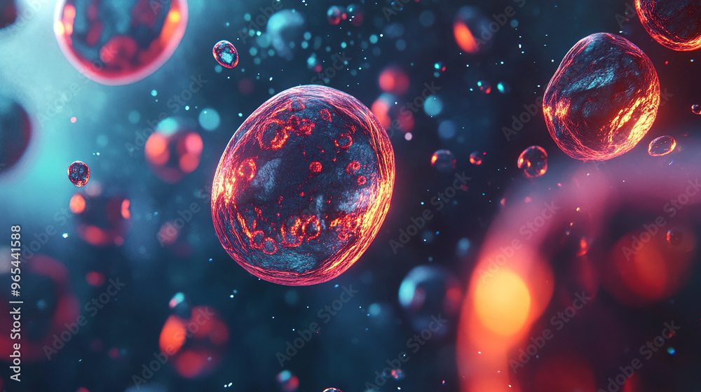 Naklejka premium A digital rendering of human cells under a microscope, showcasing intricate cellular structures and interactions that symbolize advancements in biomedical research, cellular biology, and medical scien