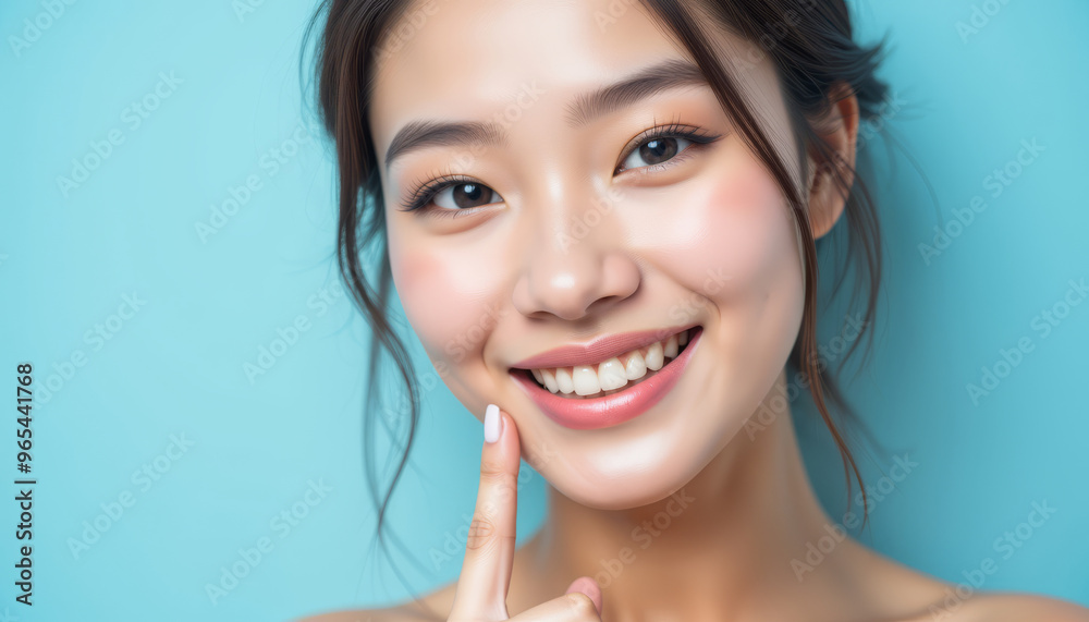 A joyful young woman smiling with a fresh, radiant look against a blue background, conveying positivity and confidence. A joyful young woman smiling with a fresh, radiant look against a blue background, conveying positivity and confidence.