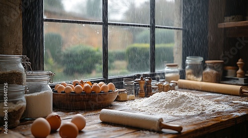 A farmhouse kitchen in the middle of baking, wooden table covered with flour, eggs, and rolling pins, as rain gently taps on the window. Soft, diffused light fills the room, photo