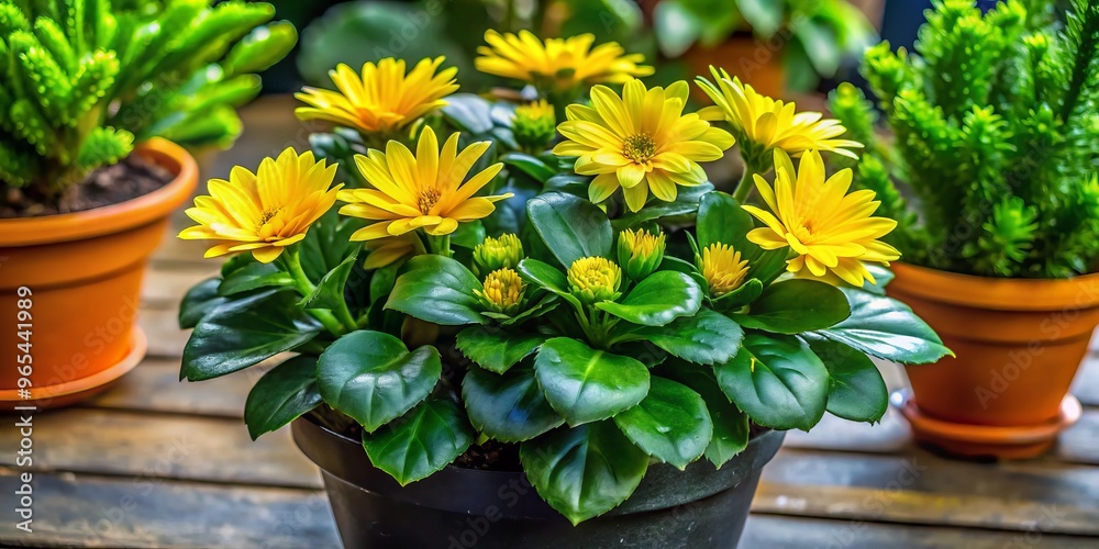 A lush Cuna de Moises plant thrives in a sleek black pot, its vibrant green leaves and bright yellow flowers a striking contrast against the dark backdrop.