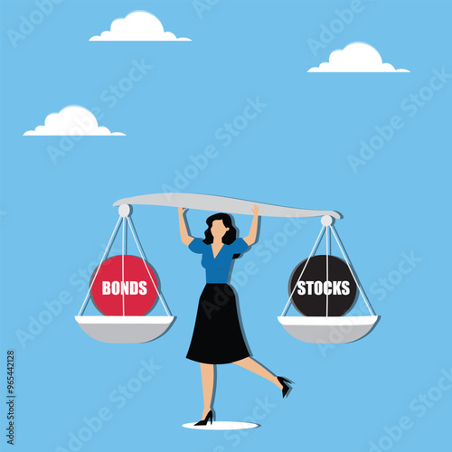 Stocks vs Bonds in Investment Portfolio. Businesswoman investor balance on stocks and bonds seesaw