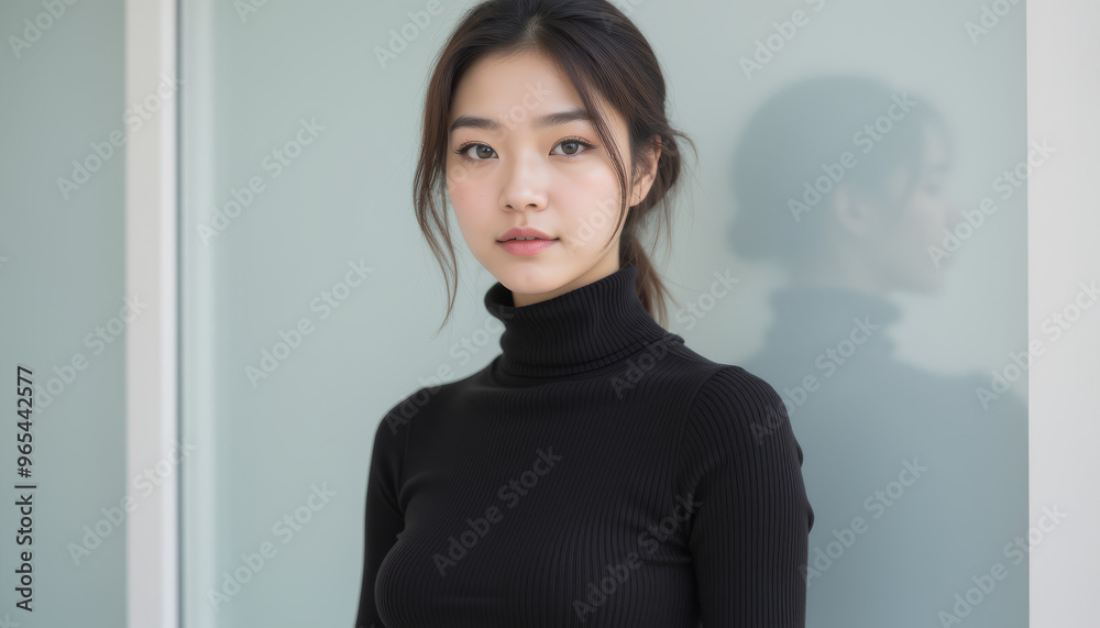 Fototapeta premium A young woman in a black turtleneck sweater, standing near a reflective surface, showcasing modern style and elegant simplicity.
