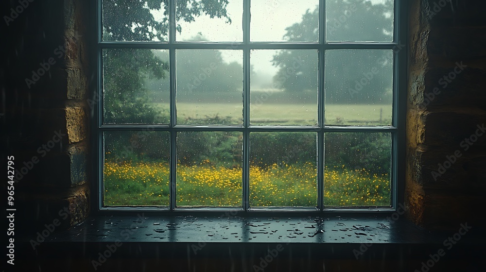 A farmhouse kitchen window with raindrops trickling down, showing an overcast, rain-soaked countryside outside. Soft shadows and reflections play on the window, A farmhouse kitchen window with raindrops trickling down, showing an overcast, rain-soaked countryside outside. Soft shadows and reflections play on the window,