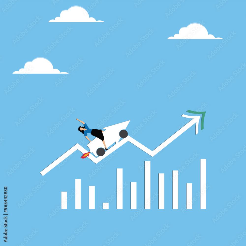 Businesswoman riding the arrow going up Businesswoman riding the arrow going up