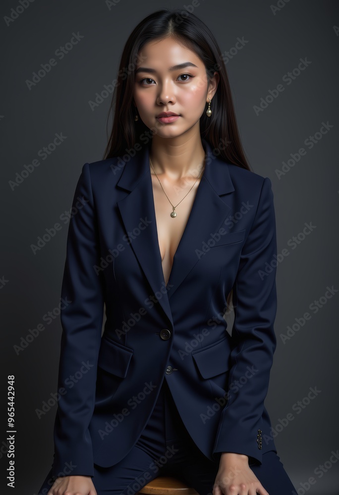 Confident young woman in a tailored navy suit, exuding professionalism and elegance against a dark background. Confident young woman in a tailored navy suit, exuding professionalism and elegance against a dark background.