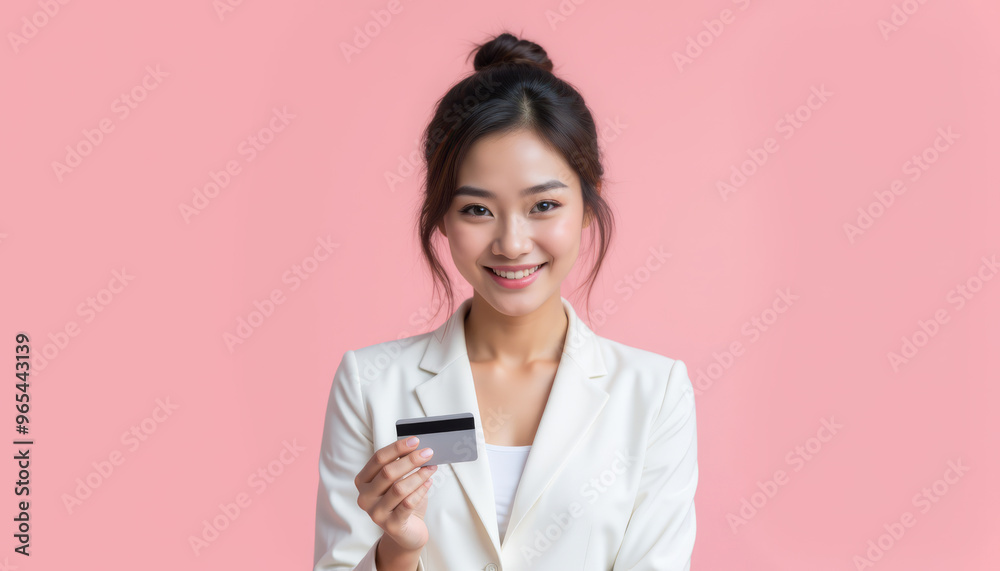 Smiling woman holding a credit card, looking confident against a pink background. Perfect for finance, shopping, and banking themes. Smiling woman holding a credit card, looking confident against a pink background. Perfect for finance, shopping, and banking themes.
