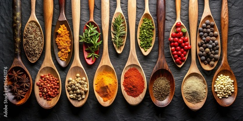 Fototapeta Naklejka Na Ścianę i Meble -  A row of spoons filled with various spices and seasonings against a black background next to wooden spoons with spices
