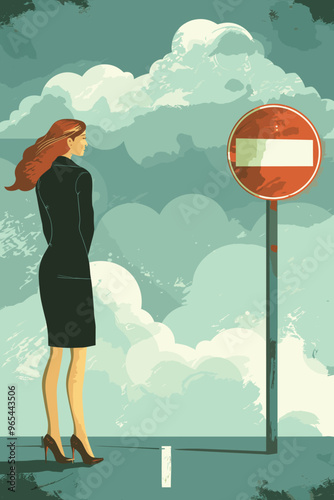 Unhappy Businesswoman Facing Dead End Sign Due to Wrong Management Decisions