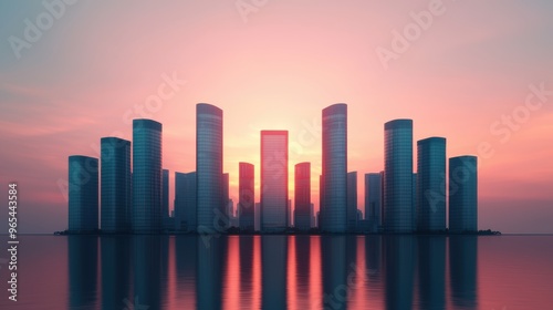 Glowing Futuristic Metropolis: Twilight Skyline of Glass Buildings with Ray Tracing -