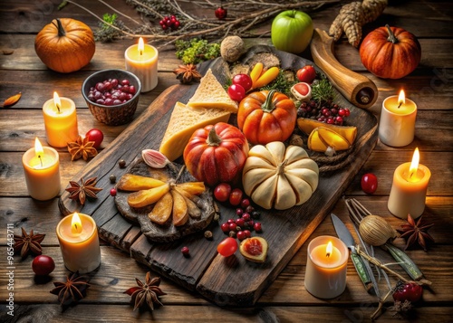 Vibrant autumnal meats, cheeses, and fruits are artfully arranged on a wooden board, surrounded by candles, spider webs, and eerie seasonal decorations for a spooky gathering.