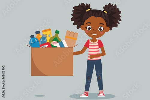 African American Girl Holding Donation Box with Second Hand Items for Charity and Humanitarian Aid